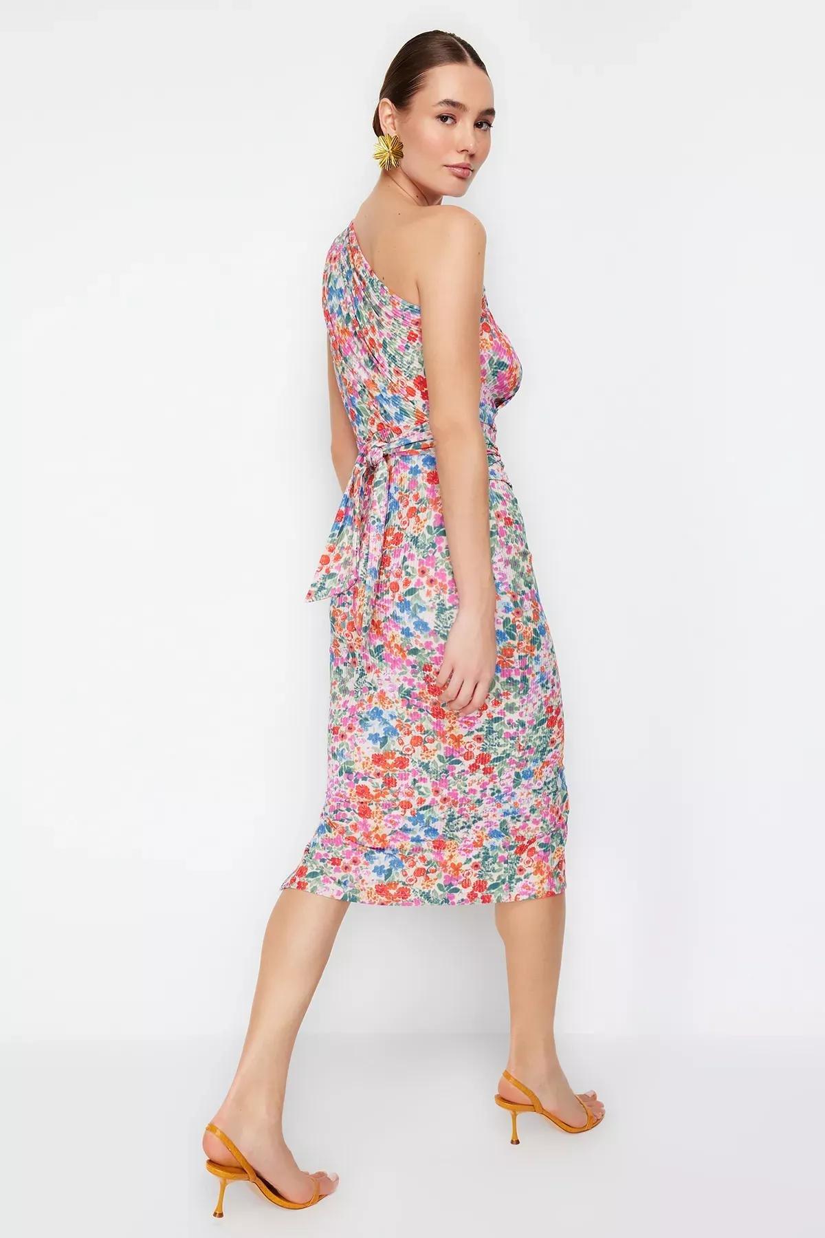 Multicolour One-Shoulder Gathered Pencil Dress, C101_1704, large image number 5