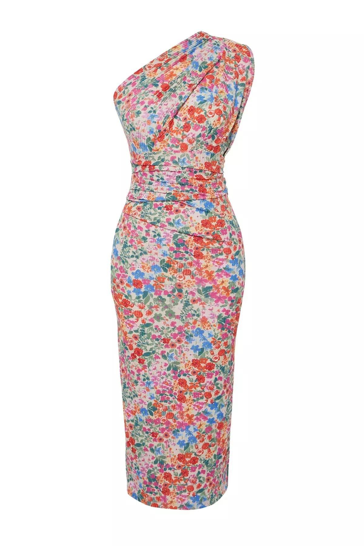 Multicolour One-Shoulder Gathered Pencil Dress, C101_1704, large image number 6
