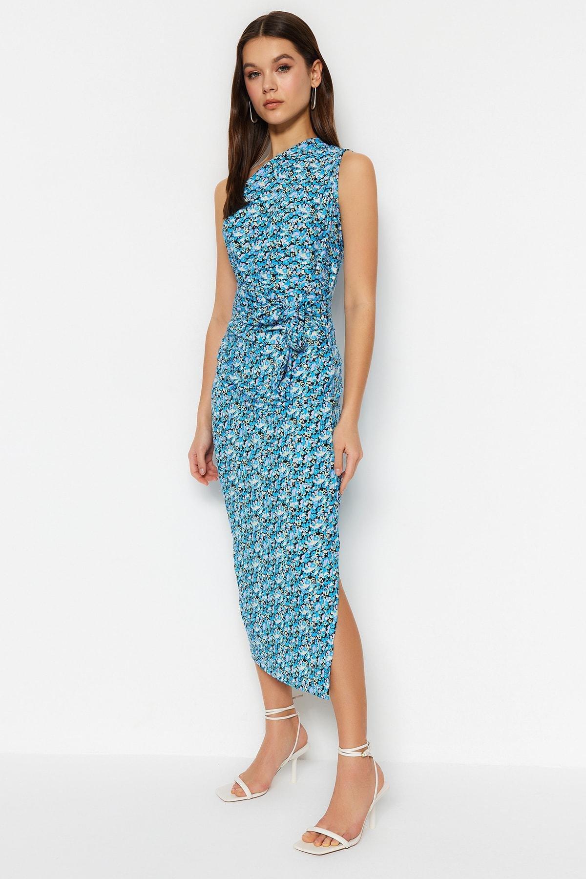 Blue Floral Bodycon Dress, , large image number 1