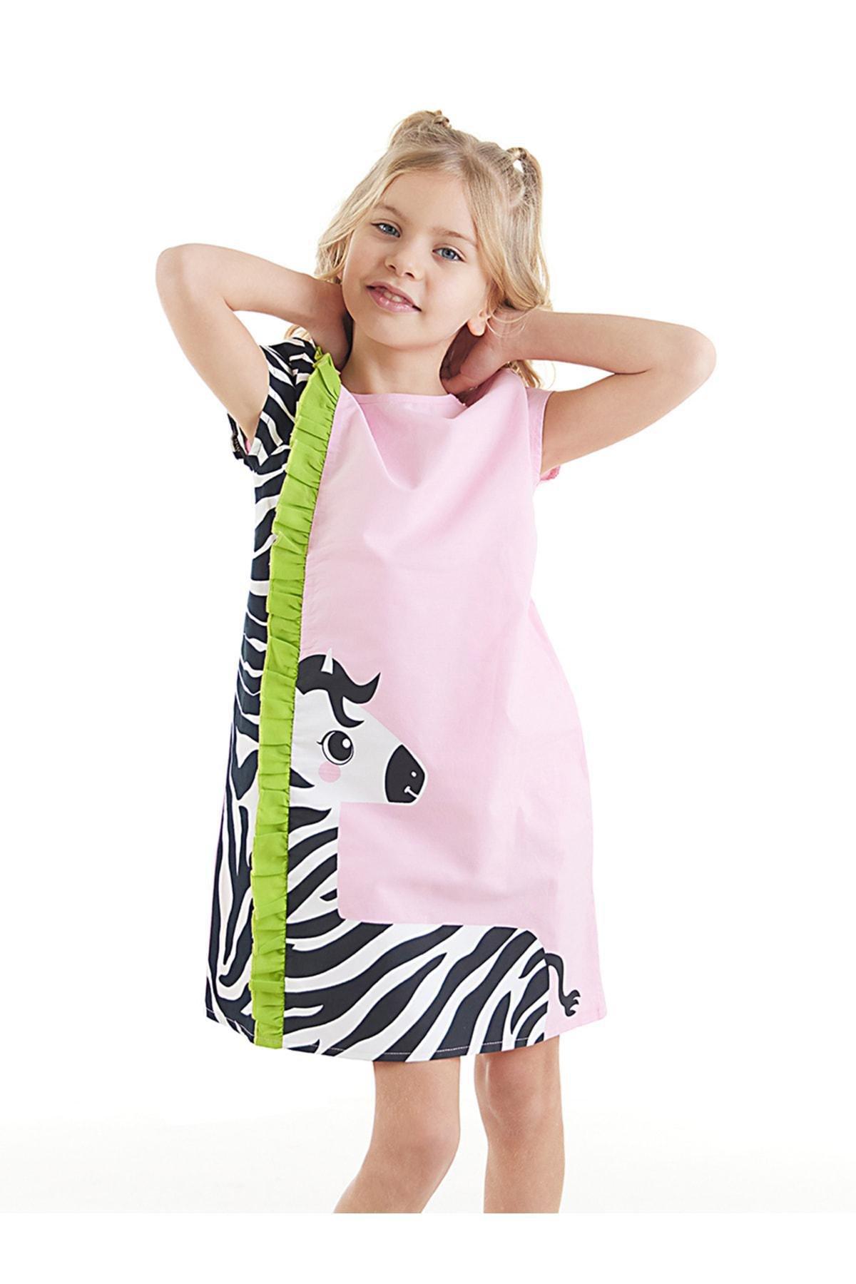 Denokids - Pink Ruffled Patterned Dress, Kids Girls