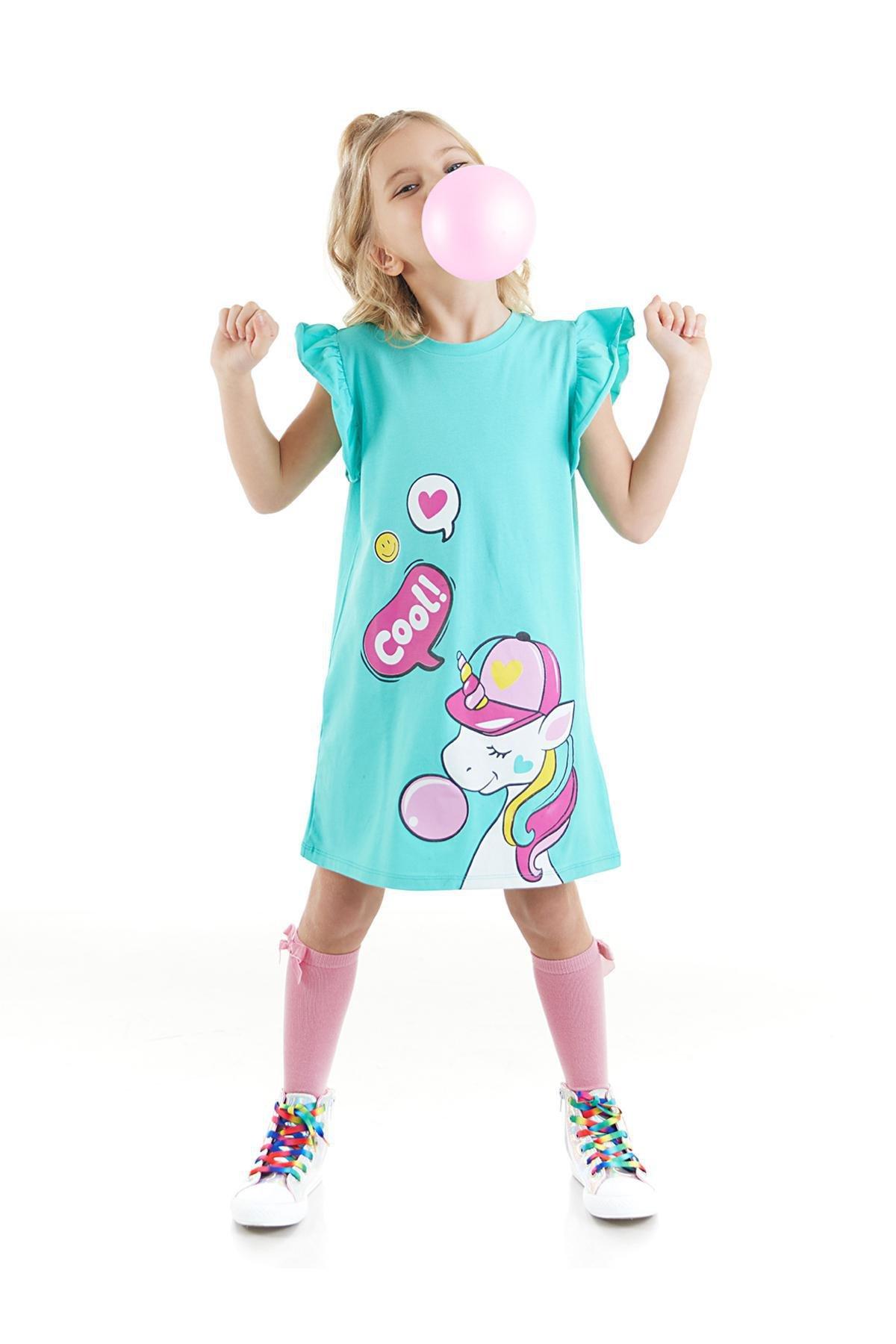 Denokids - Green Crew Neck Printed Dress