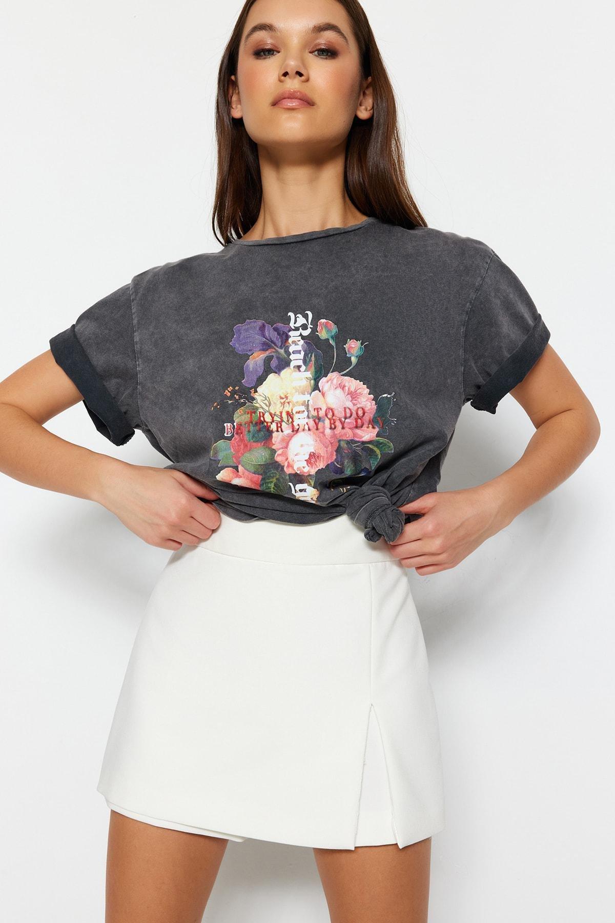 Black Crew Neck Boyfriend T-Shirt, , large image number 1