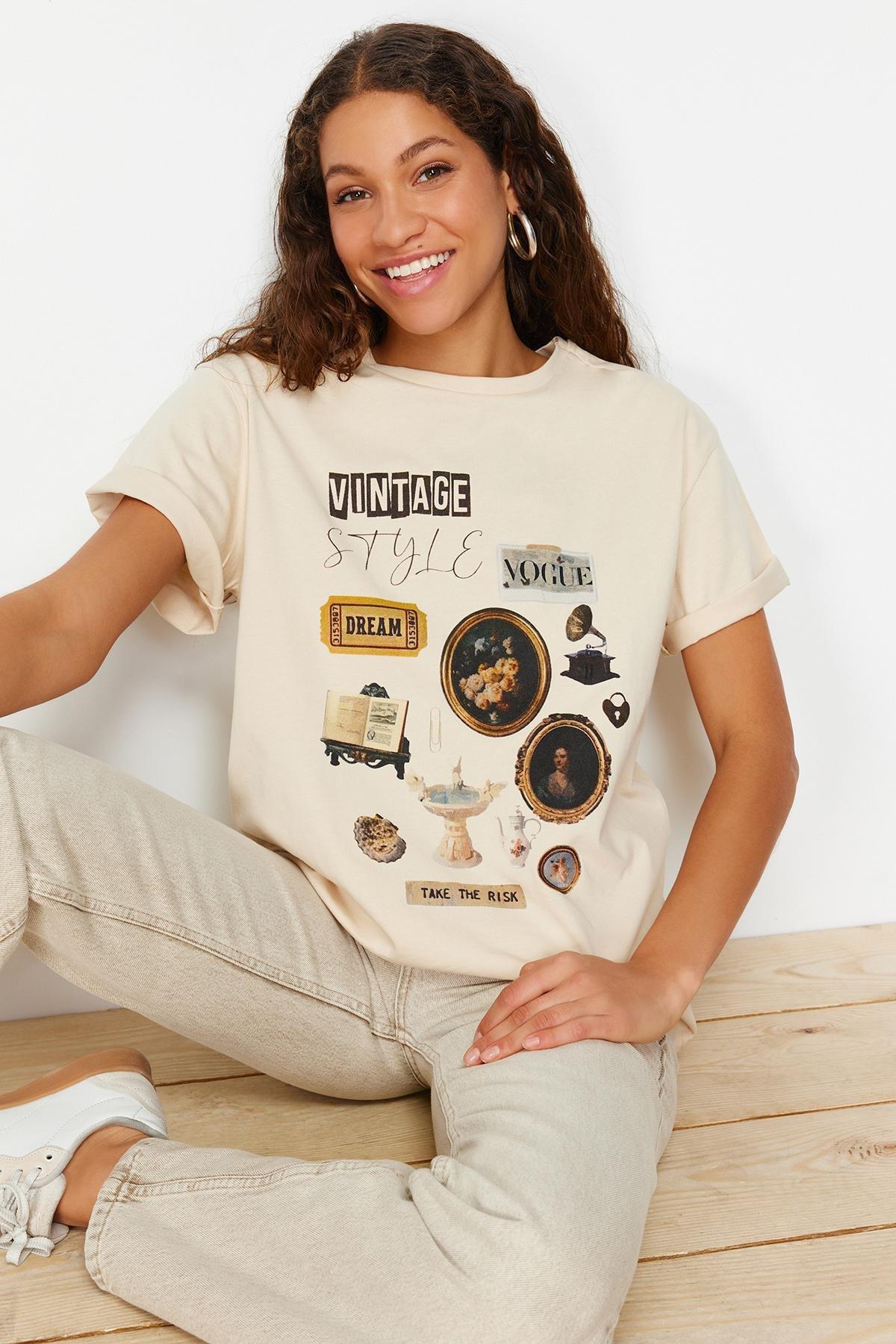 Beige Oversize Printed T-Shirt, , large image number 0