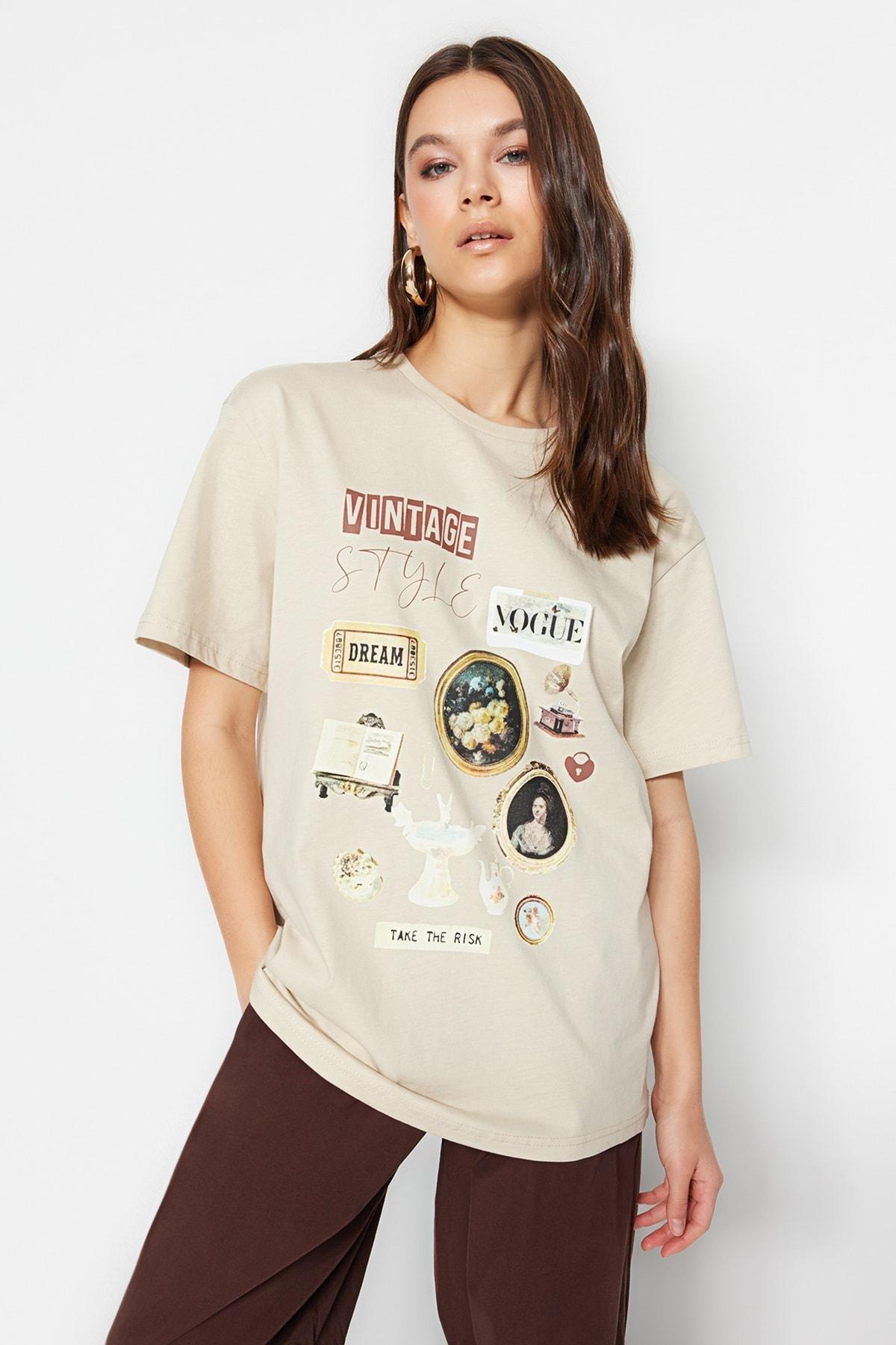 Beige Oversize Printed T-Shirt, , large image number 1