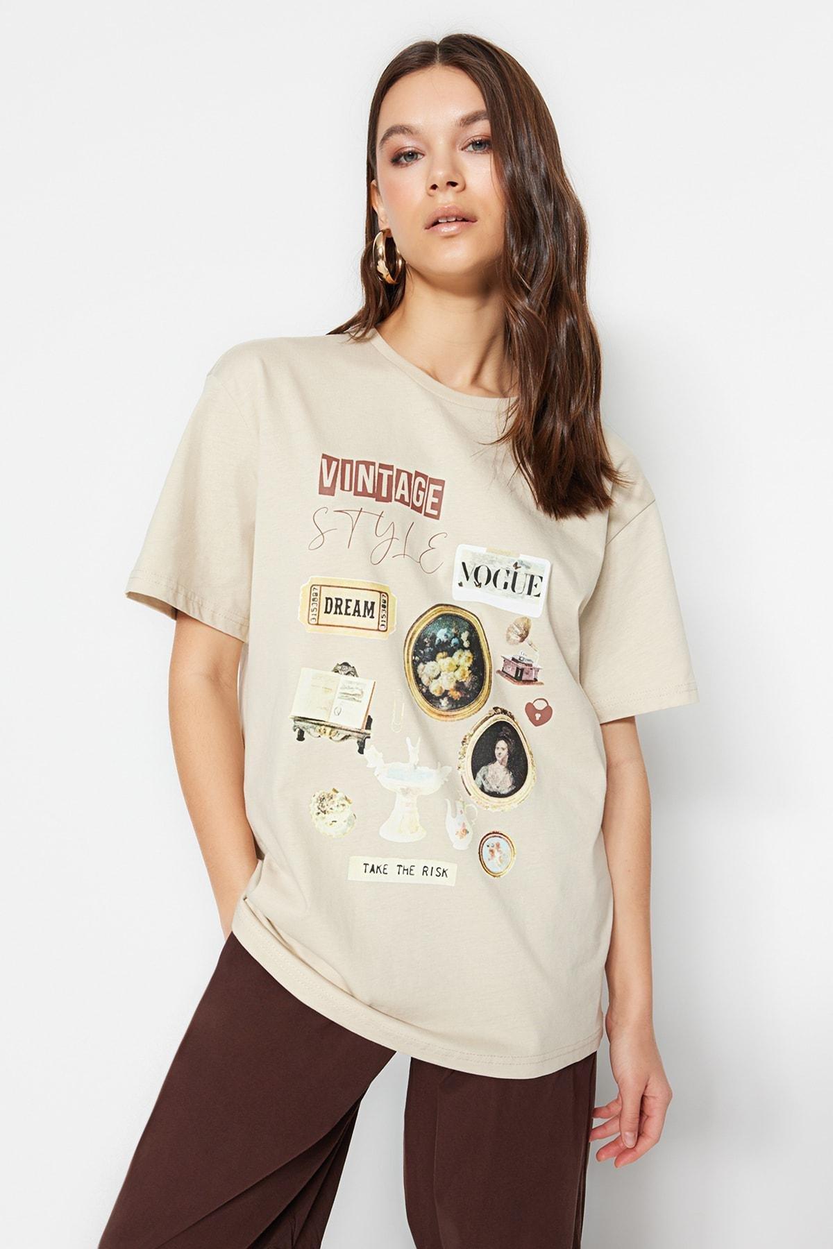 Trendyol - Beige Oversize Printed T-Shirt