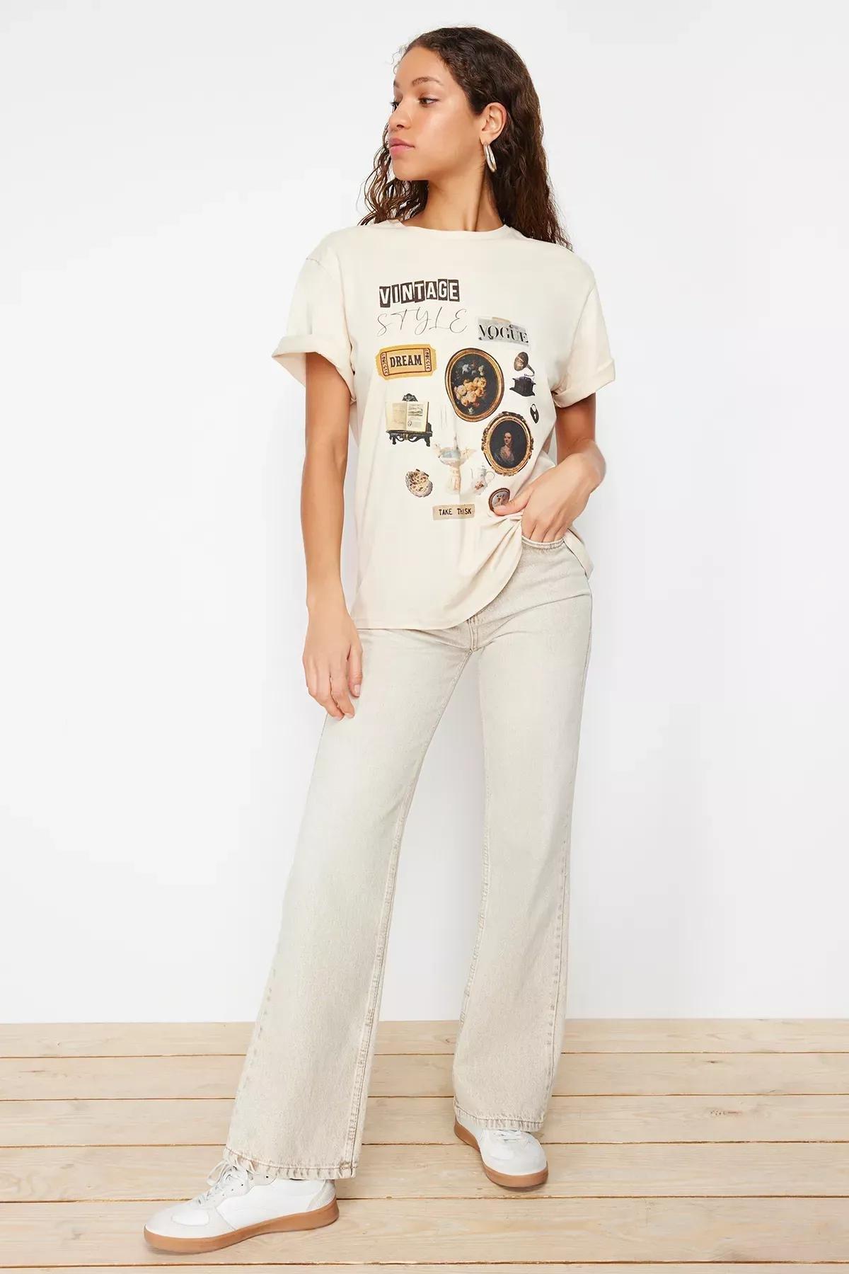 Beige Oversize Printed T-Shirt, , large image number 1