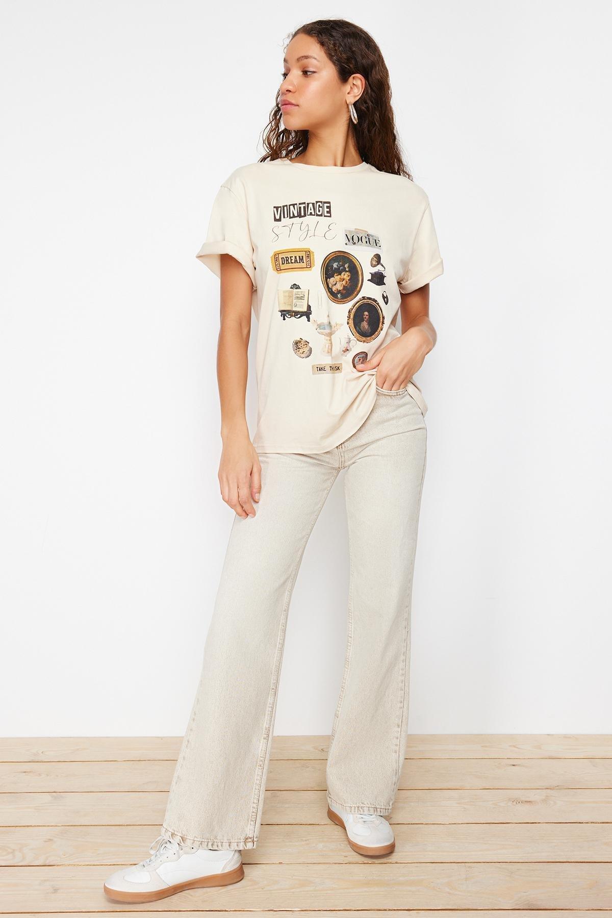 Trendyol - Beige Oversize Printed T-Shirt