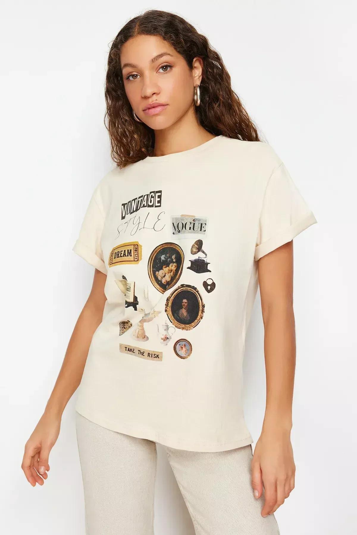 Beige Oversize Printed T-Shirt, , large image number 2
