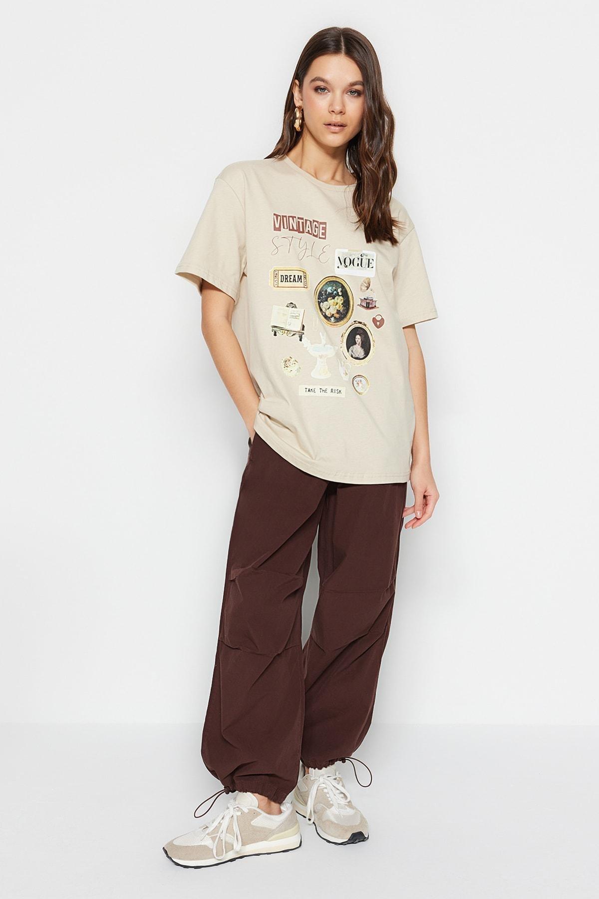 Trendyol - Beige Oversize Printed T-Shirt