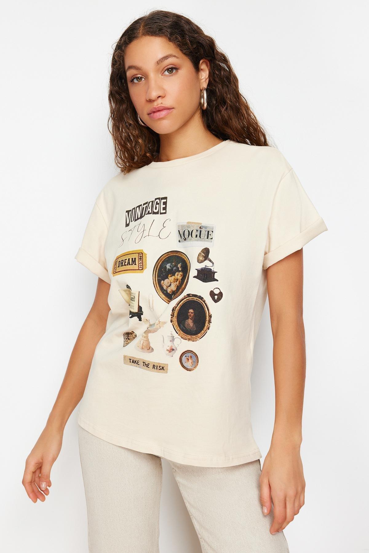 Trendyol - Beige Oversize Printed T-Shirt