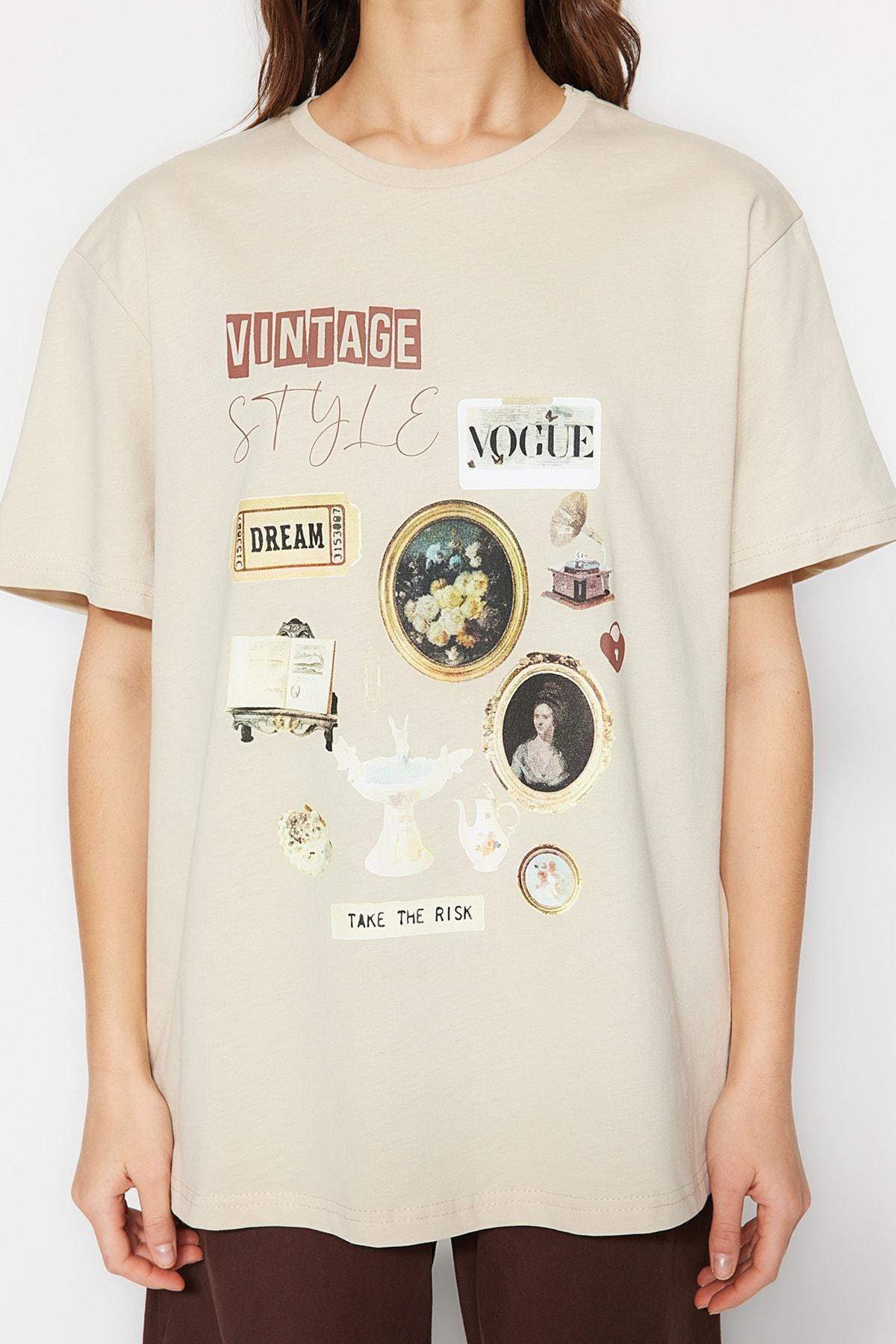 Trendyol - Beige Oversize Printed T-Shirt