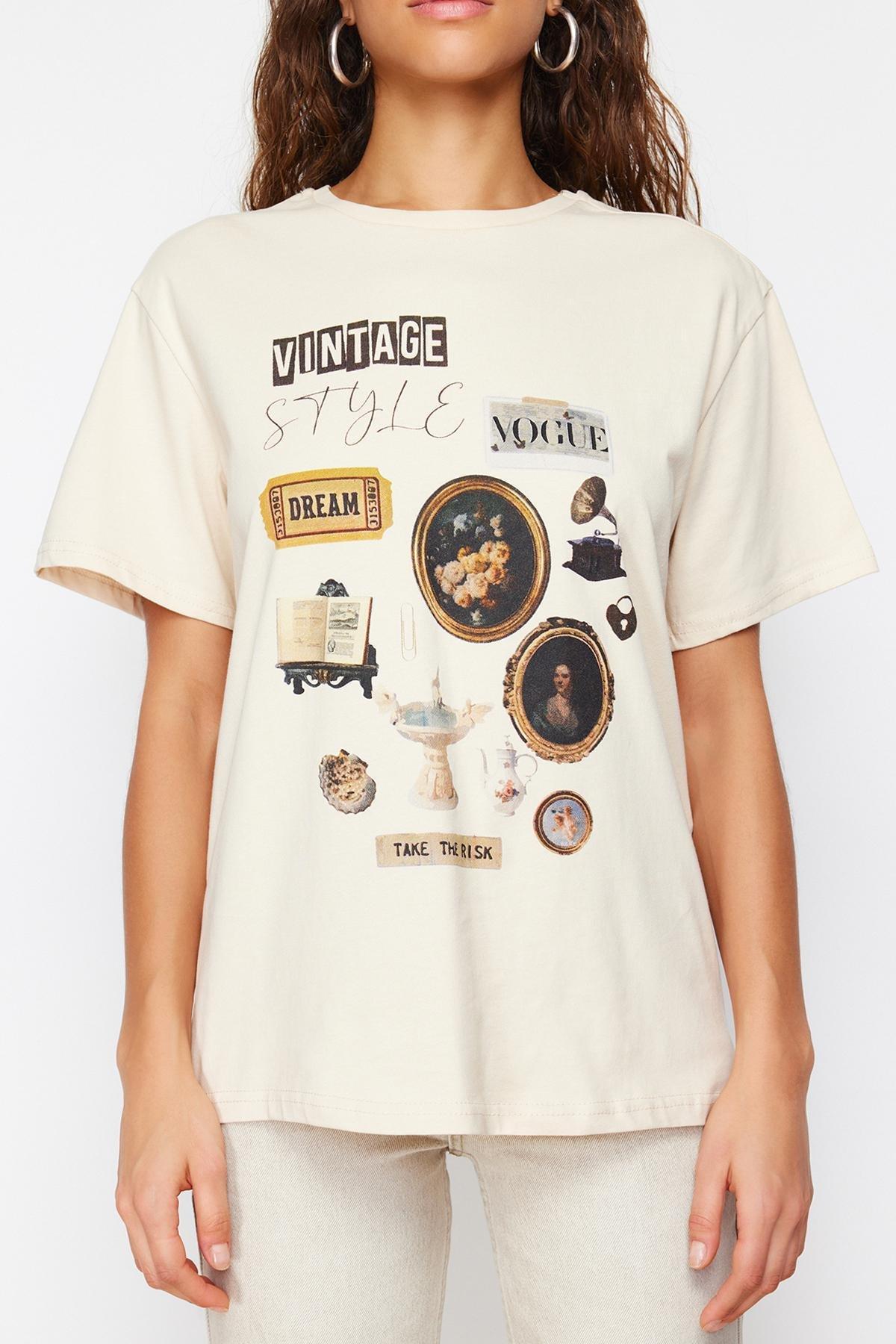 Trendyol - Beige Oversize Printed T-Shirt