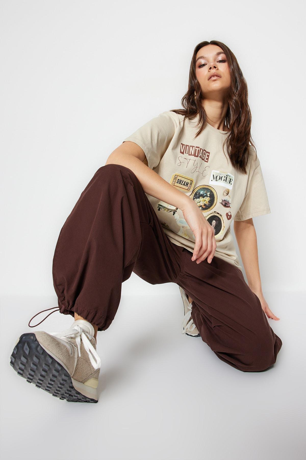 Trendyol - Beige Oversize Printed T-Shirt