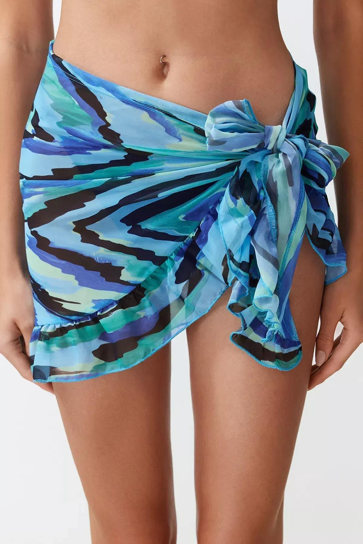 تنورة شيفون بتصميم ملفوف بنمط منقوش، أزرق, Navy Blue-Multicolor, large image number 2
