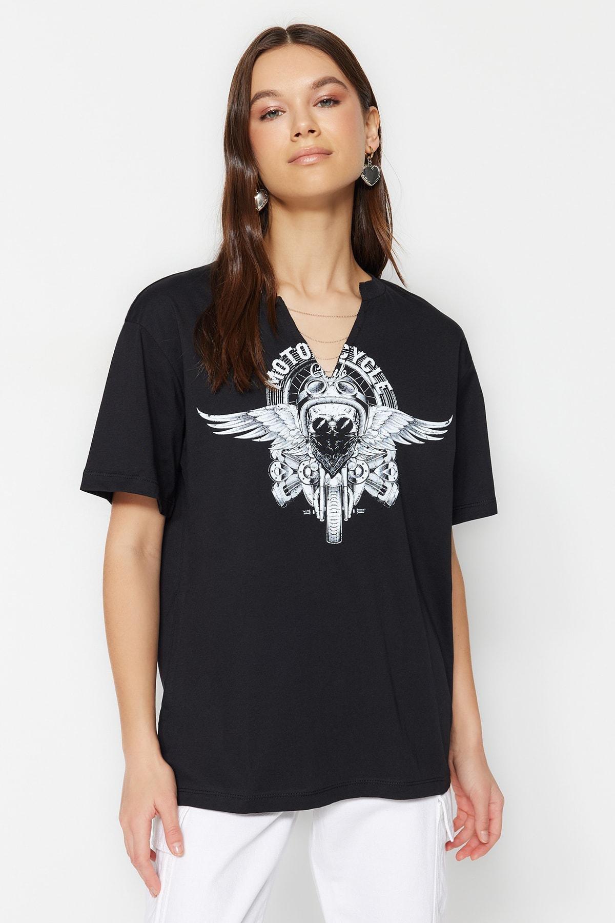 Black V-Neck Boyfriend T-Shirt, , large image number 3