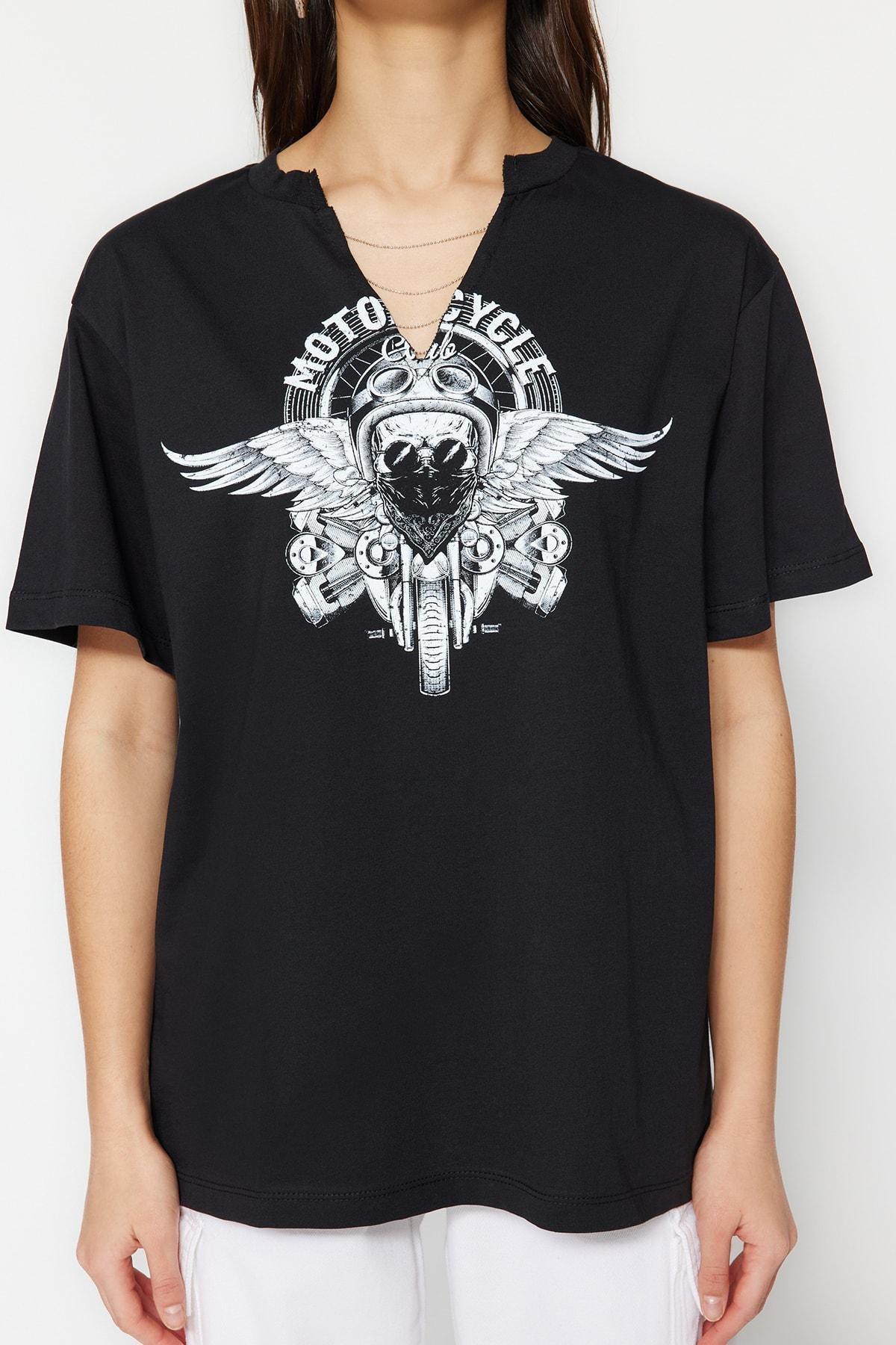 Black V-Neck Boyfriend T-Shirt, , large image number 7
