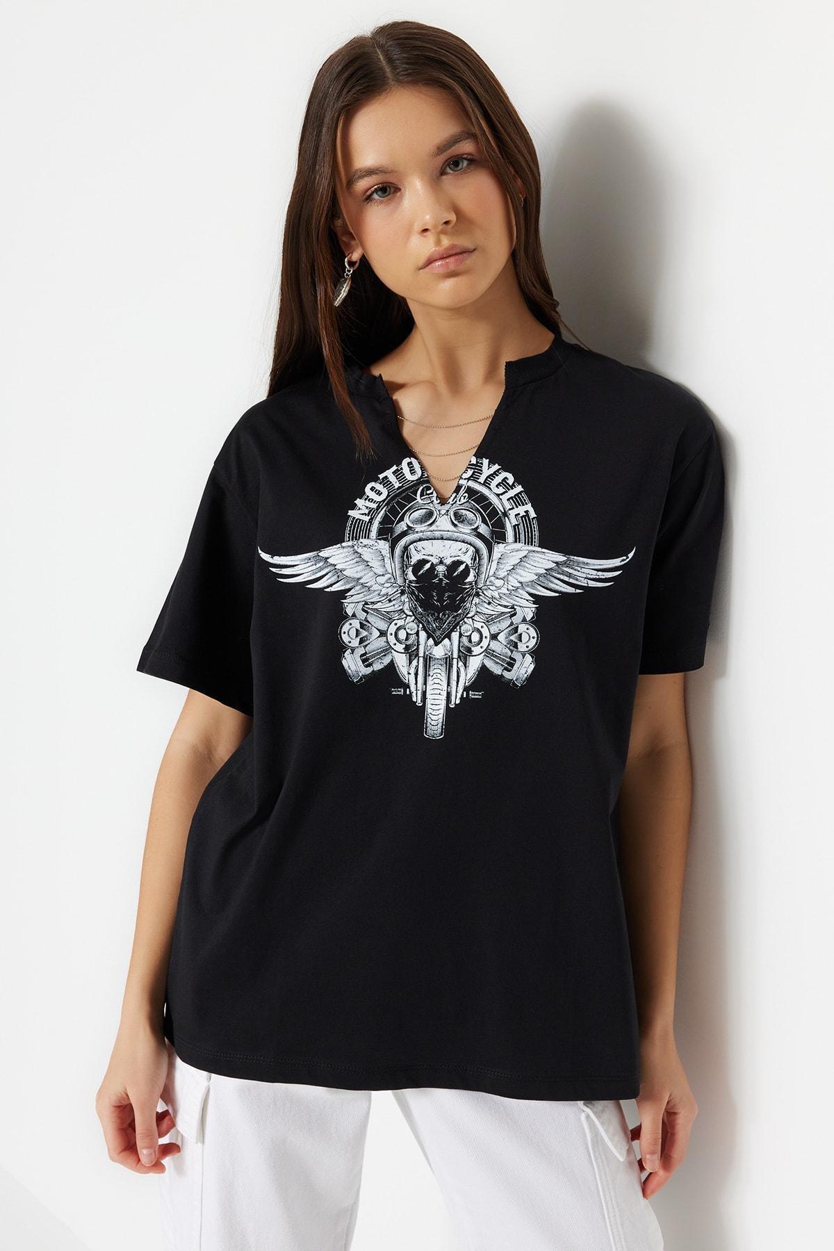 Black V-Neck Boyfriend T-Shirt, , large image number 9