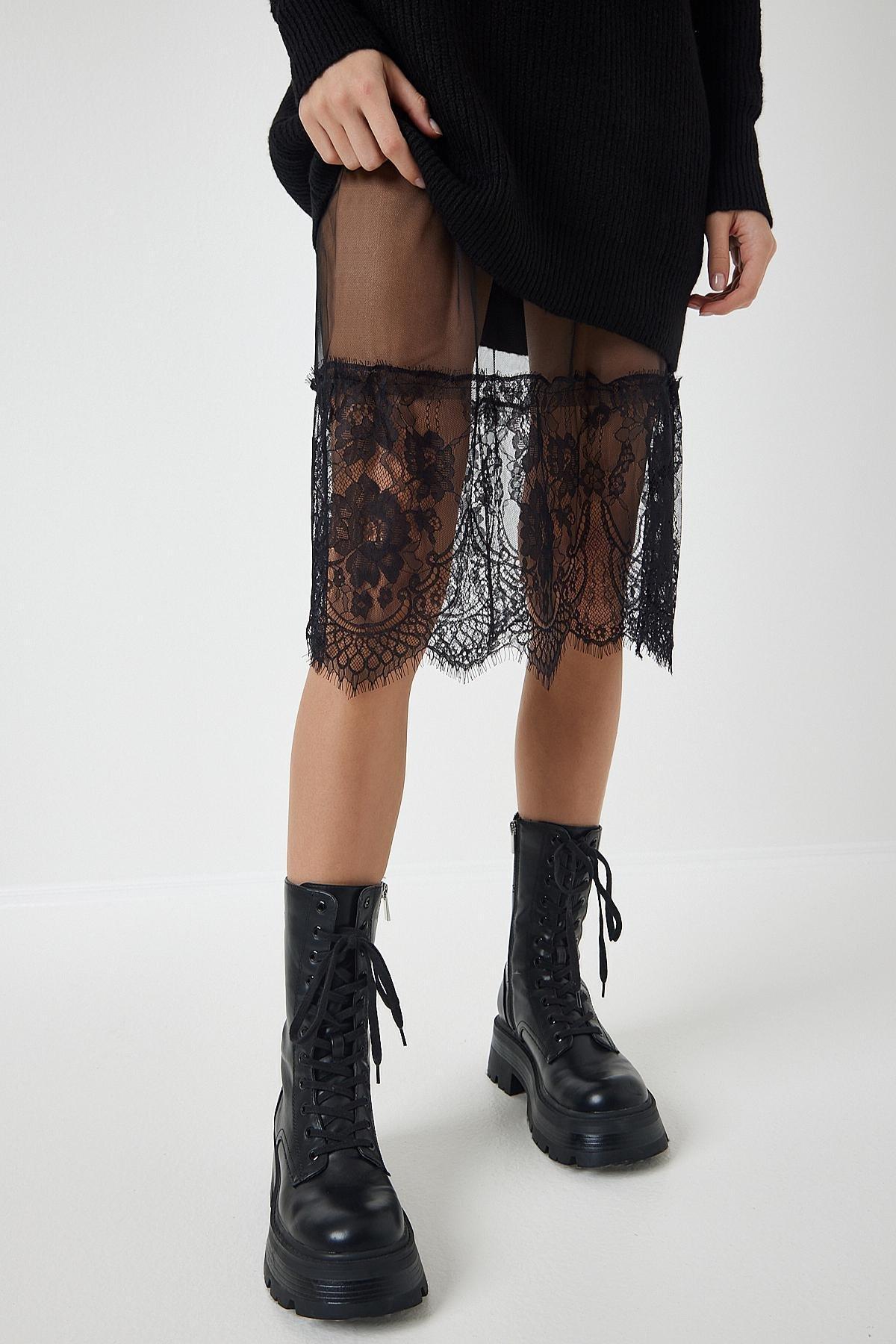 Black Lace Transparent Tulle Midi Skirt, , large image number 0