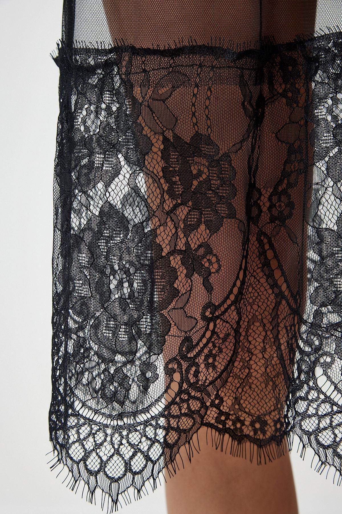 Black Lace Transparent Tulle Midi Skirt, , large image number 5