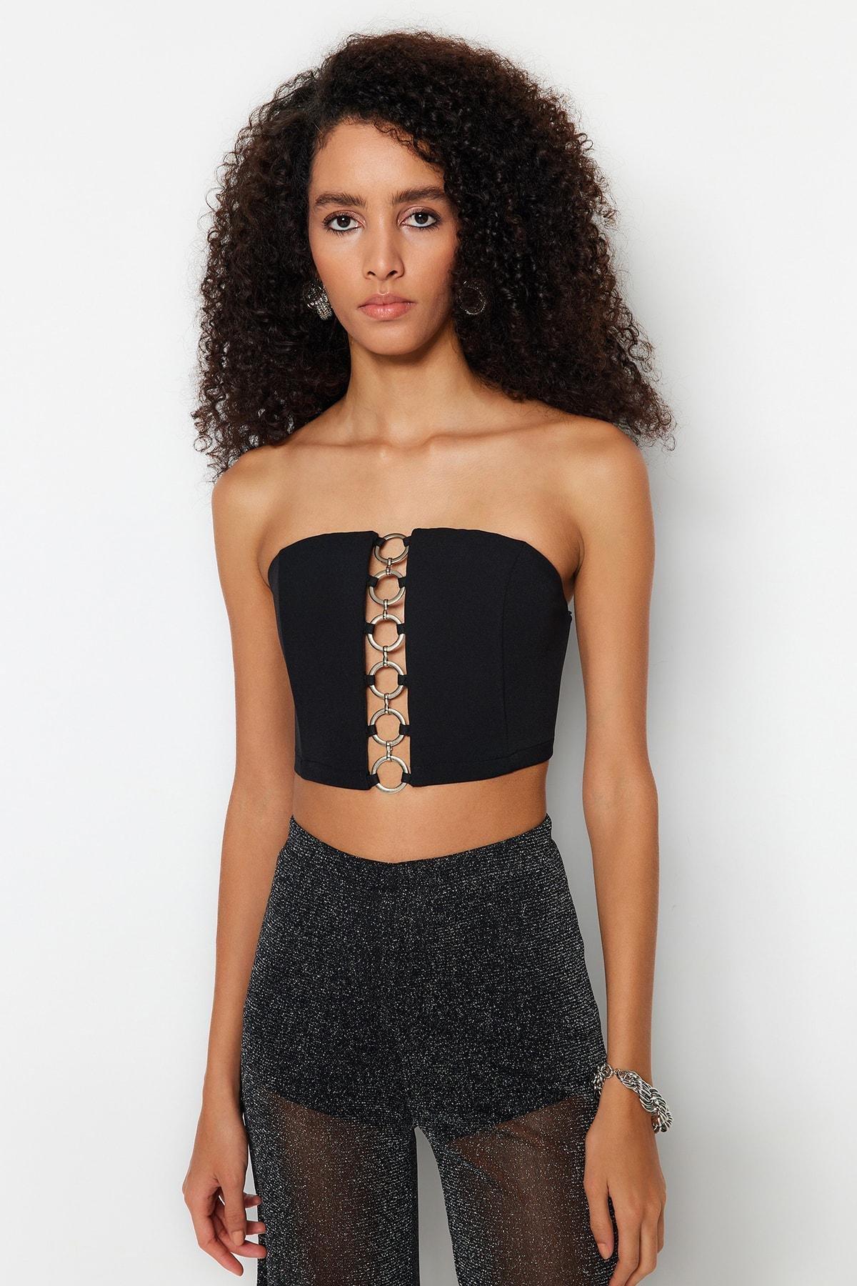 Black Strapless Fitted Crop Top, , large image number 1