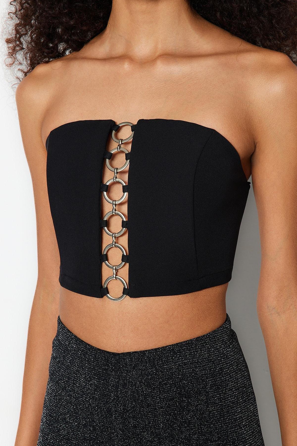 Black Strapless Fitted Crop Top, , large image number 3