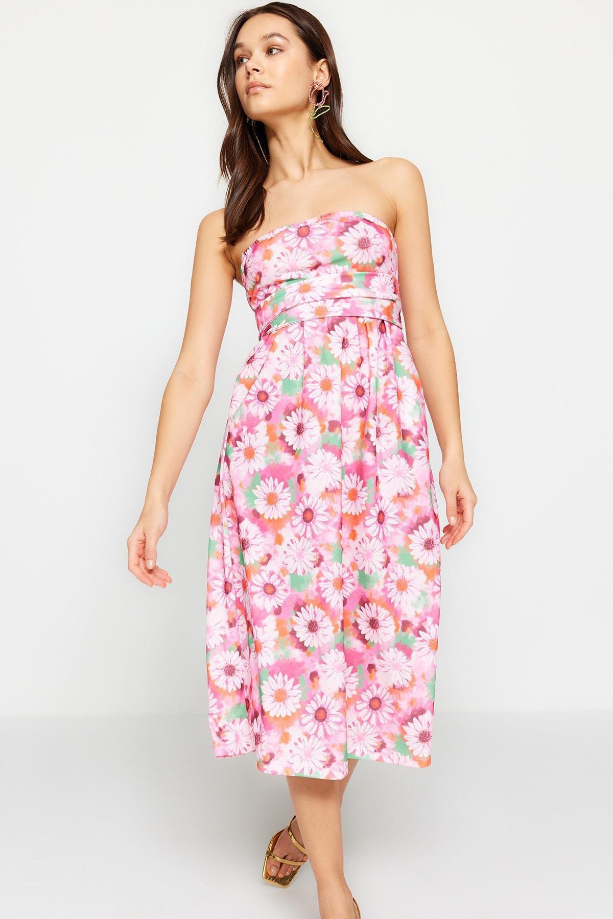 Pink Strapless Floral Skater Dress, , large image number 0
