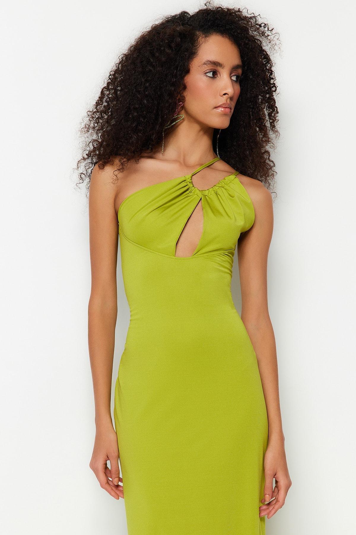 Green Asymmetrical Collar Occasionwear Dress, , large image number 1