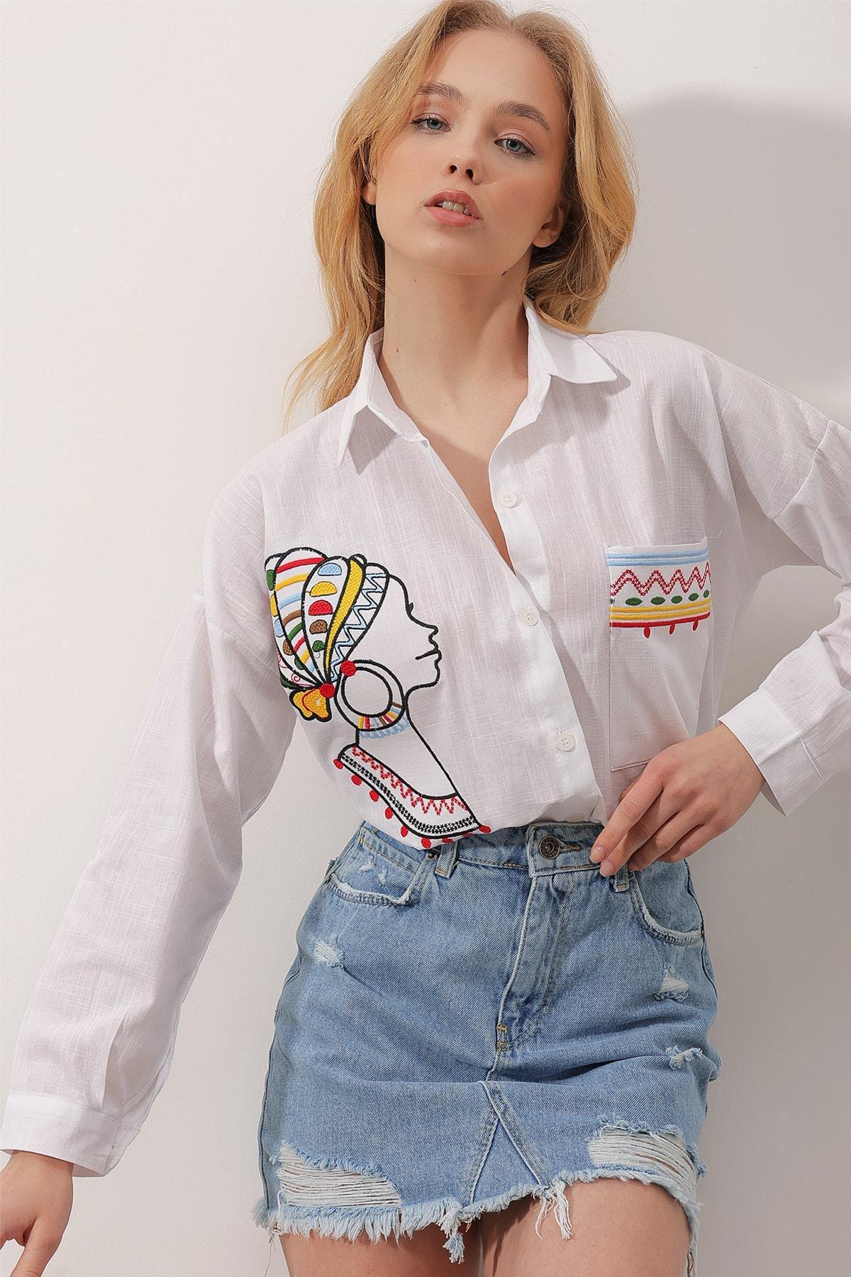 White Ethnic Pattern Long Sleeve Shirt, , large image number 1