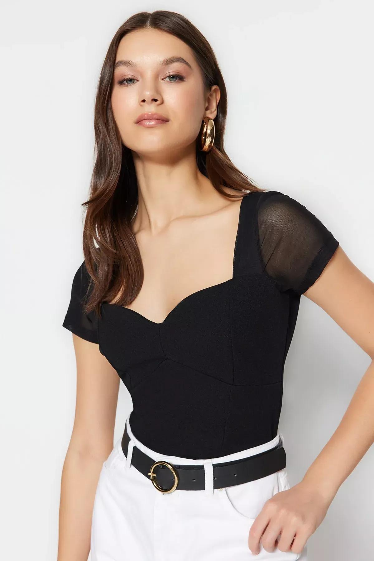 Black Sweetheart Neckline Bodysuit, , large image number 0