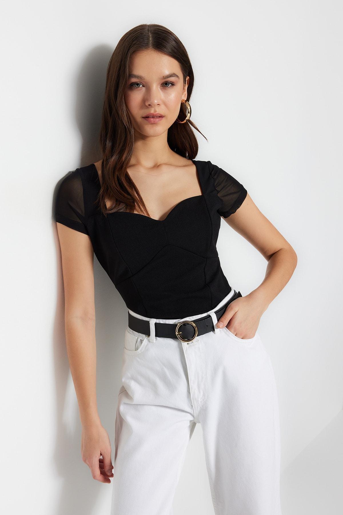 Black Sweetheart Neckline Bodysuit, , large image number 1