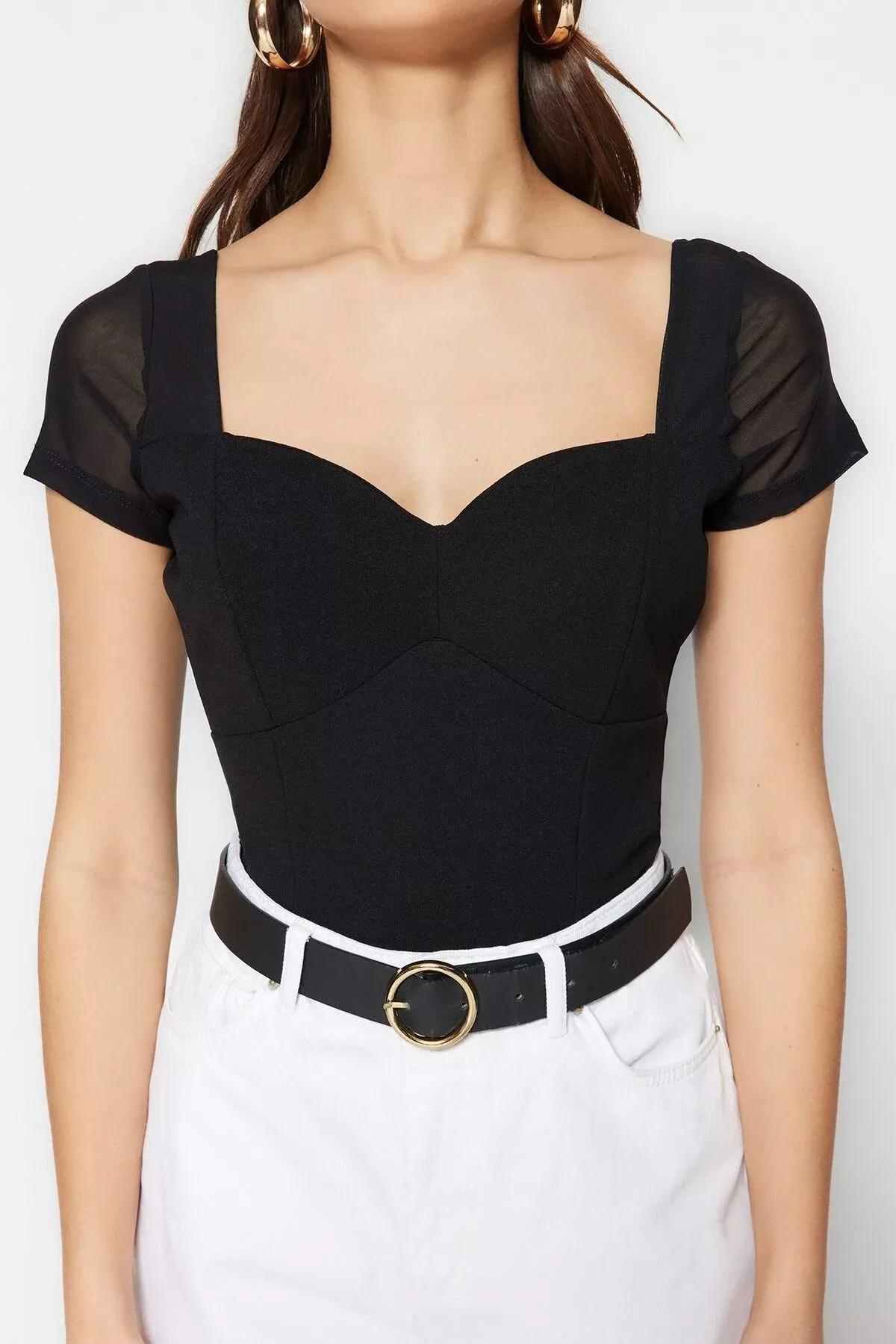 Black Sweetheart Neckline Bodysuit, , large image number 3