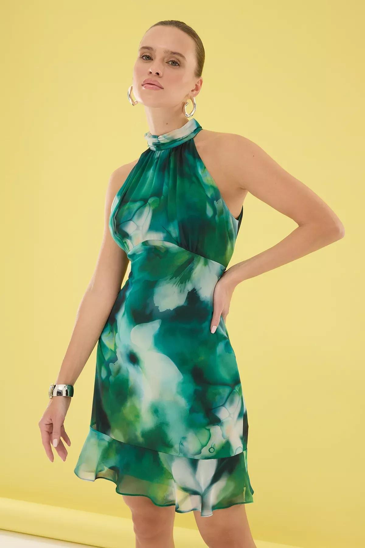 Green Floral A-Line Ruffle Mini Dress, , large image number 1
