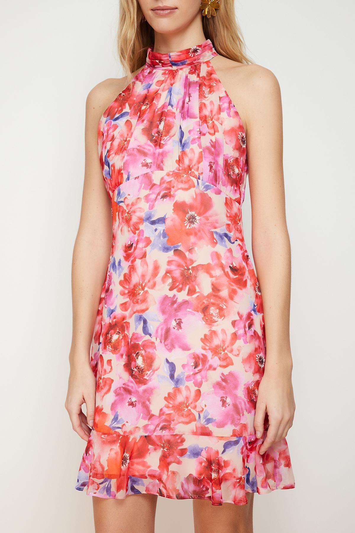 Red Printed Halter Neck Mini Dress, , large image number 3