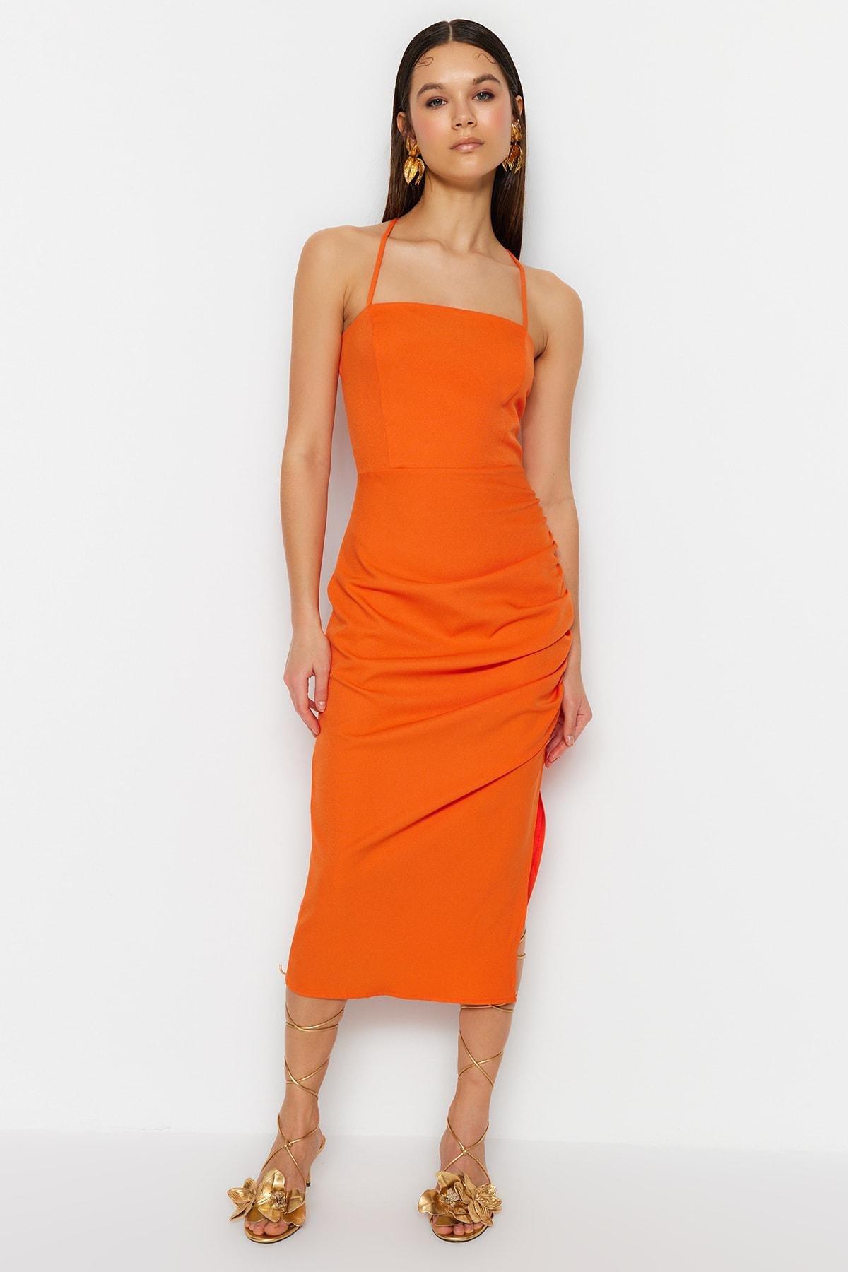 Orange Square Collar Bodycon Dress, , large image number 1