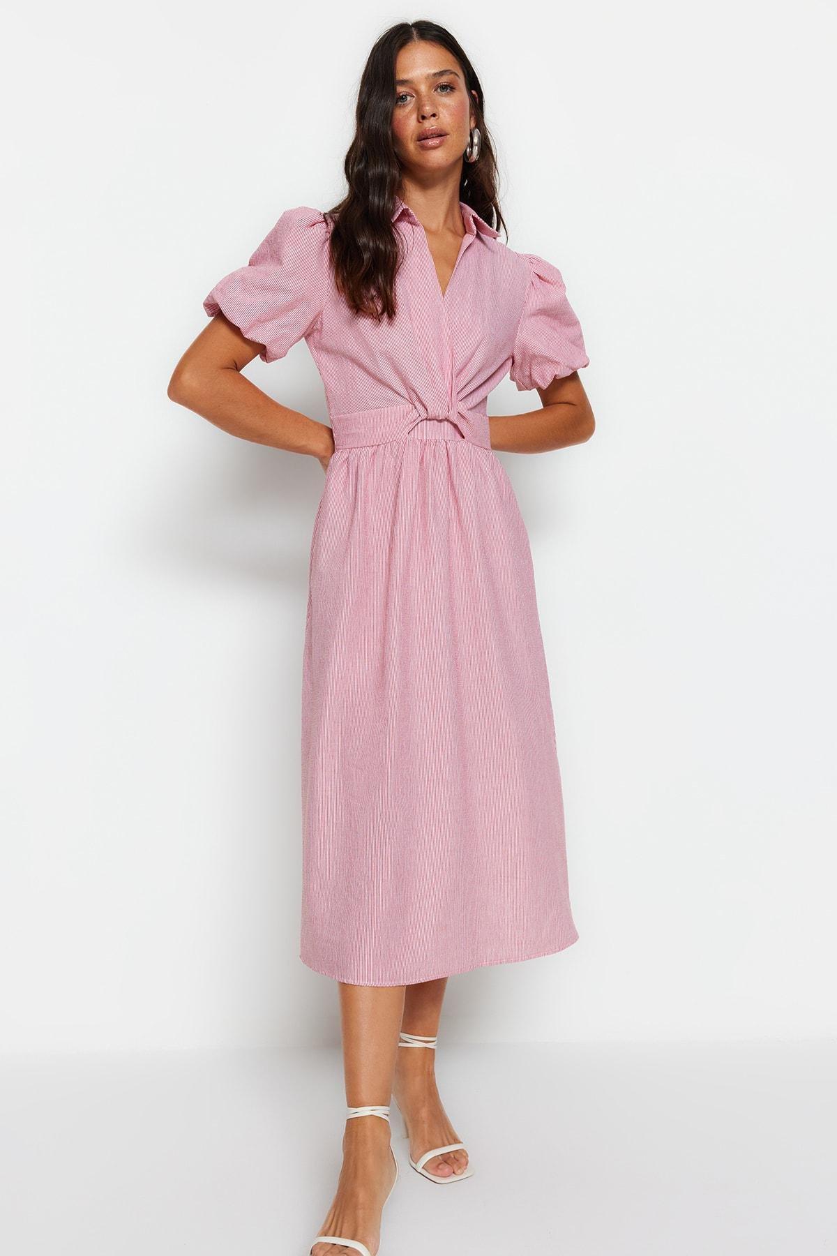 Pink Collared Striped Skater Dress, , large image number 0