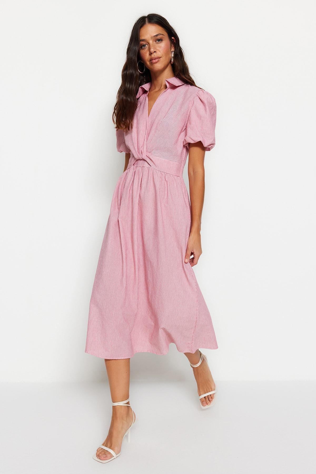 Pink Collared Striped Skater Dress, , large image number 1