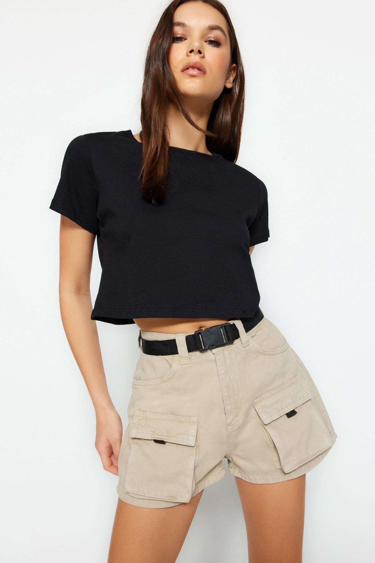 Beige High Waist Shorts, , large image number 0