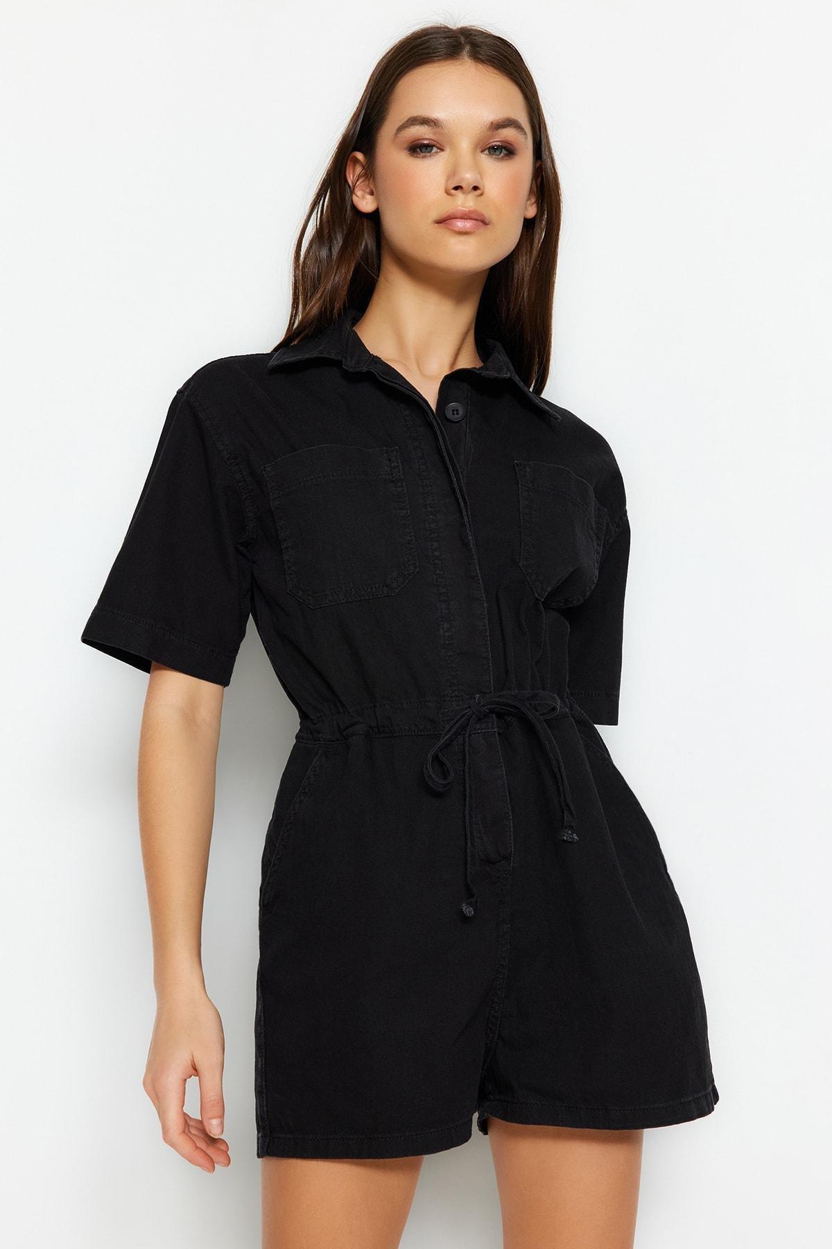 Black Shirt Collar Relaxed Jumpsuit, , large image number 0