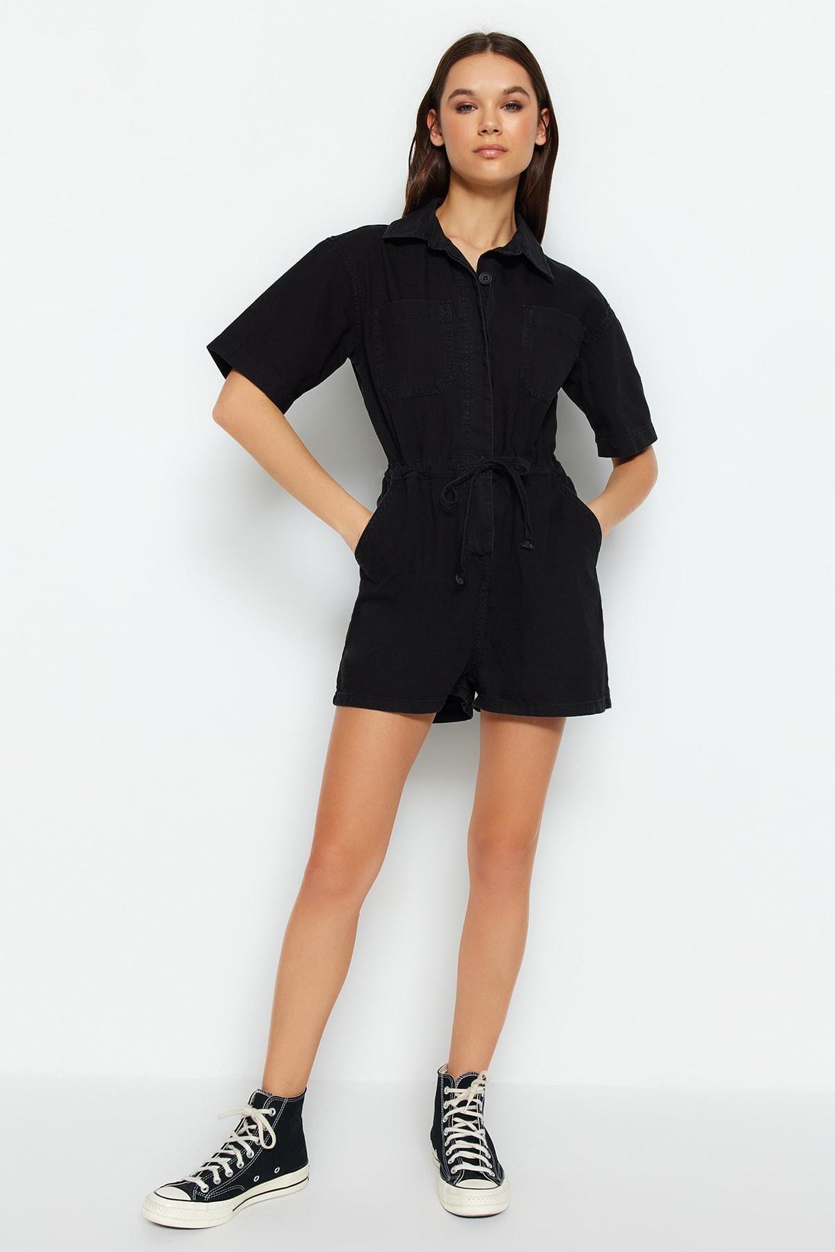 Black Shirt Collar Relaxed Jumpsuit, , large image number 1