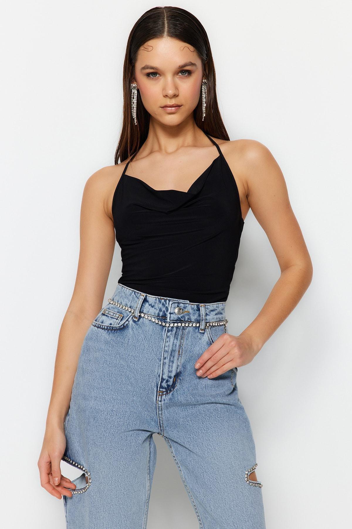 Black Cowl Neck Bodysuit, , large image number 0