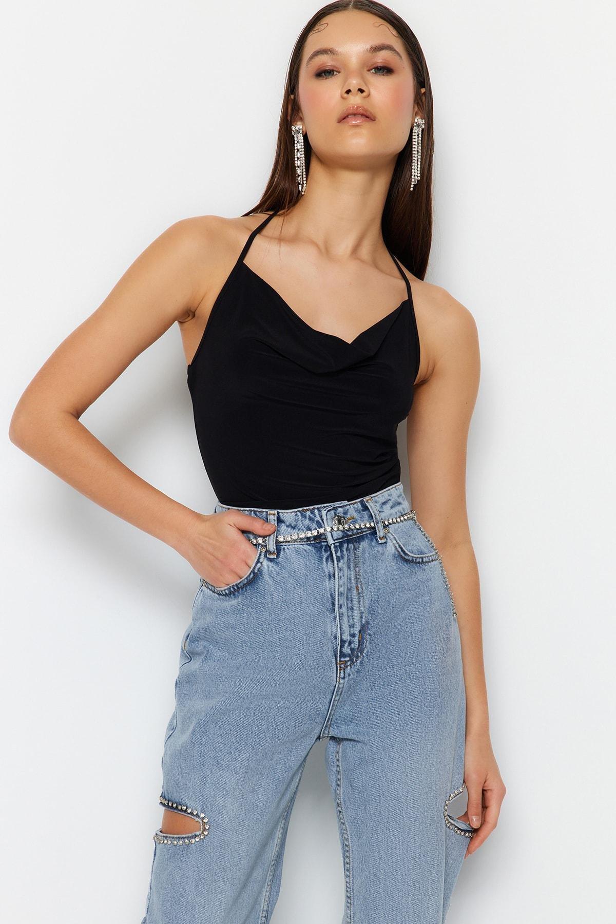 Black Cowl Neck Bodysuit, , large image number 1