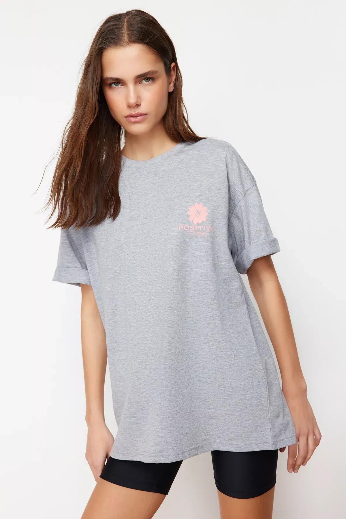 Grey Melange Printed Oversize Crew-Neck T-Shirt, C101_1656, large image number 0
