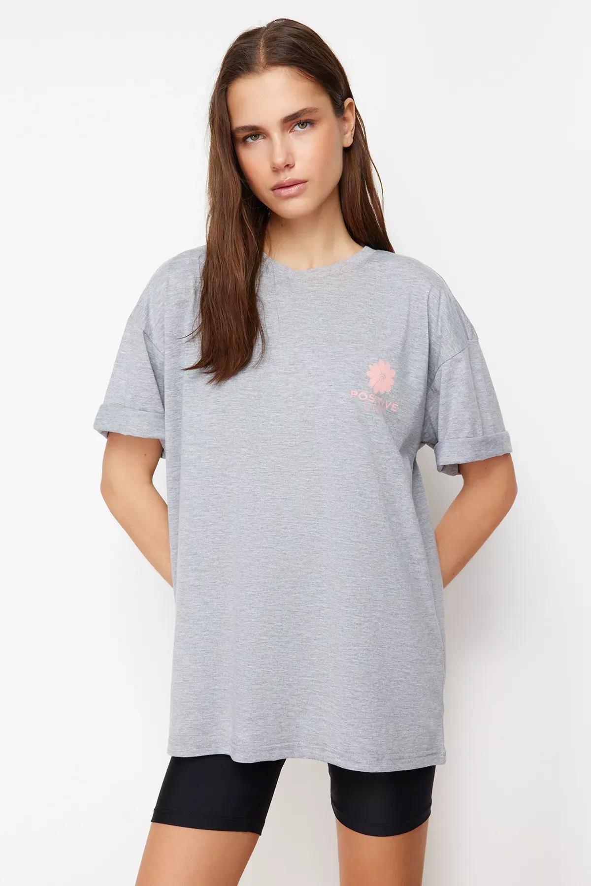 Grey Melange Printed Oversize Crew-Neck T-Shirt, C101_1656, large image number 4