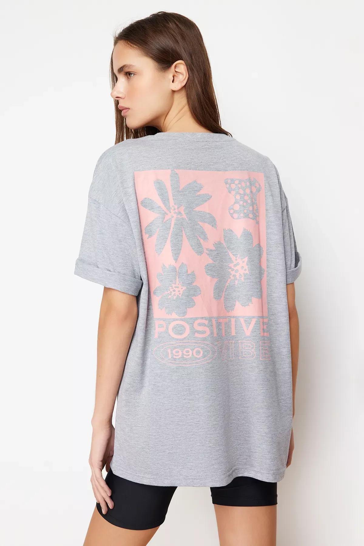 Grey Melange Printed Oversize Crew-Neck T-Shirt, C101_1656, large image number 5