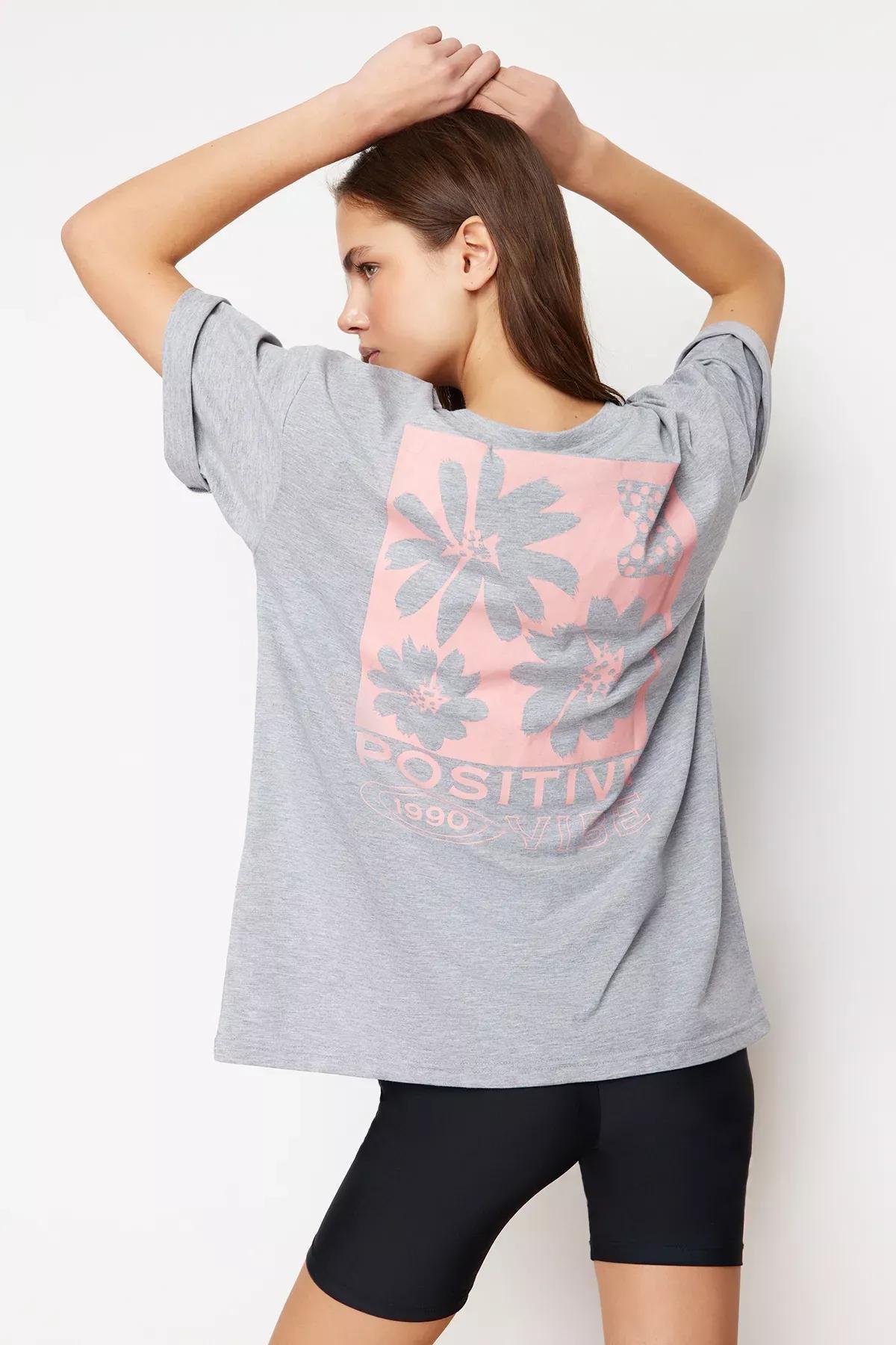Grey Melange Printed Oversize Crew-Neck T-Shirt, C101_1656, large image number 6