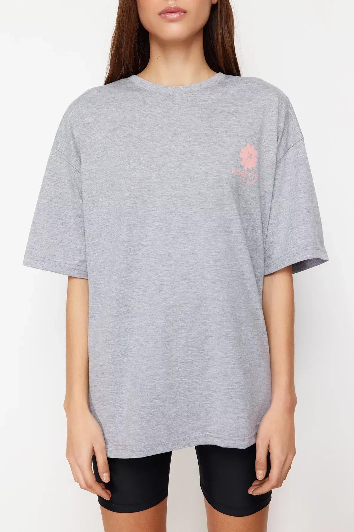 Grey Melange Printed Oversize Crew-Neck T-Shirt, C101_1656, large image number 7