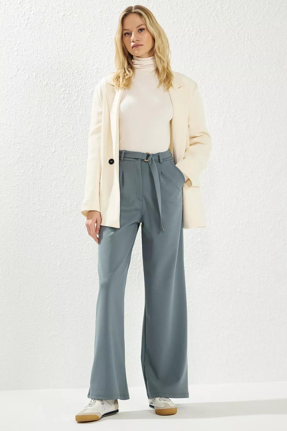 Grey Belted Wide leg High-Waist Trousers, , large image number 0