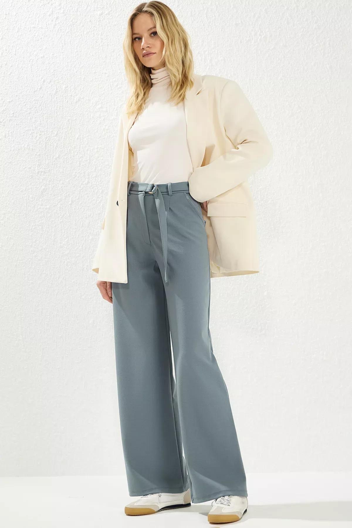 Grey Belted Wide leg High-Waist Trousers, , large image number 1