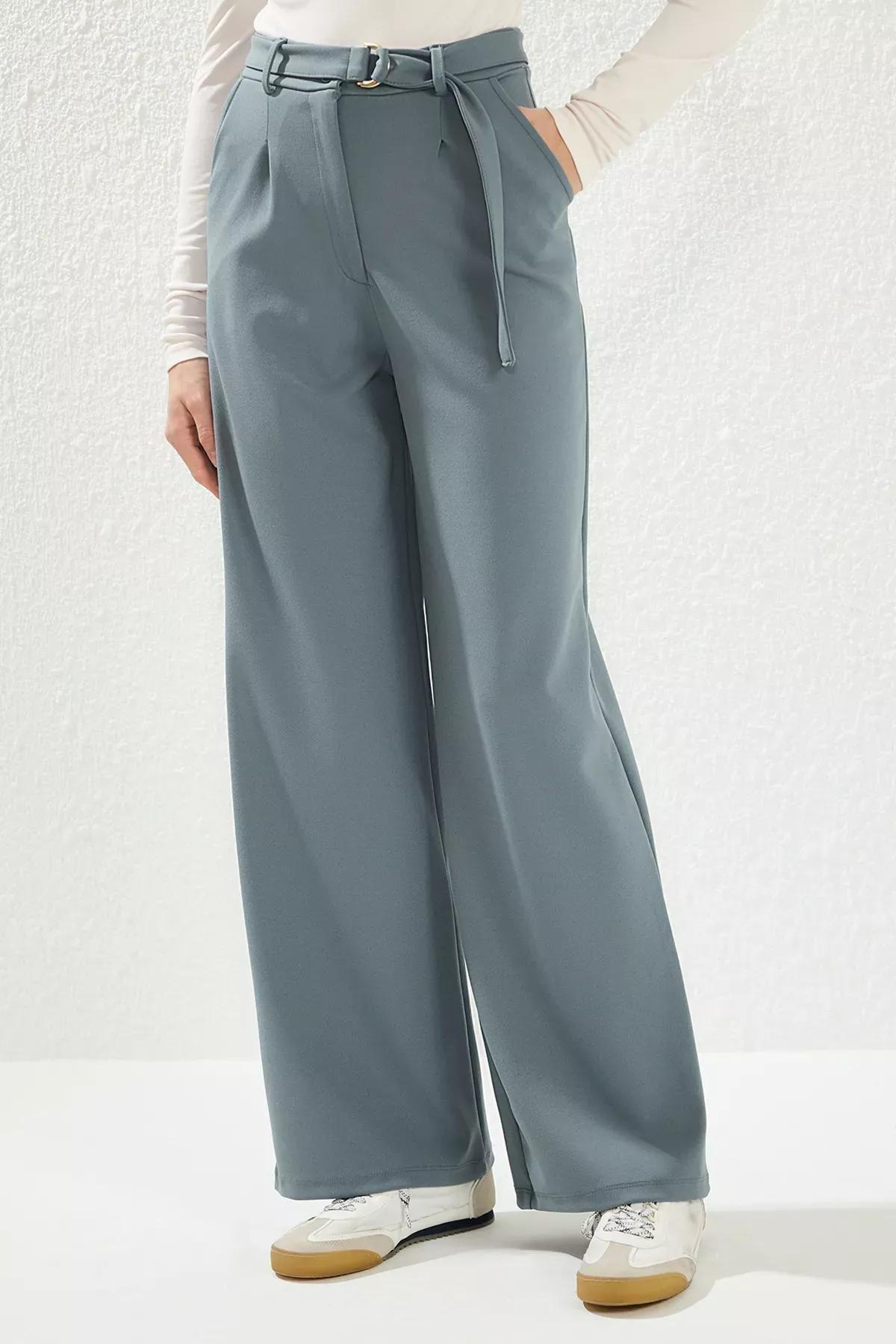Grey Belted Wide leg High-Waist Trousers, , large image number 3