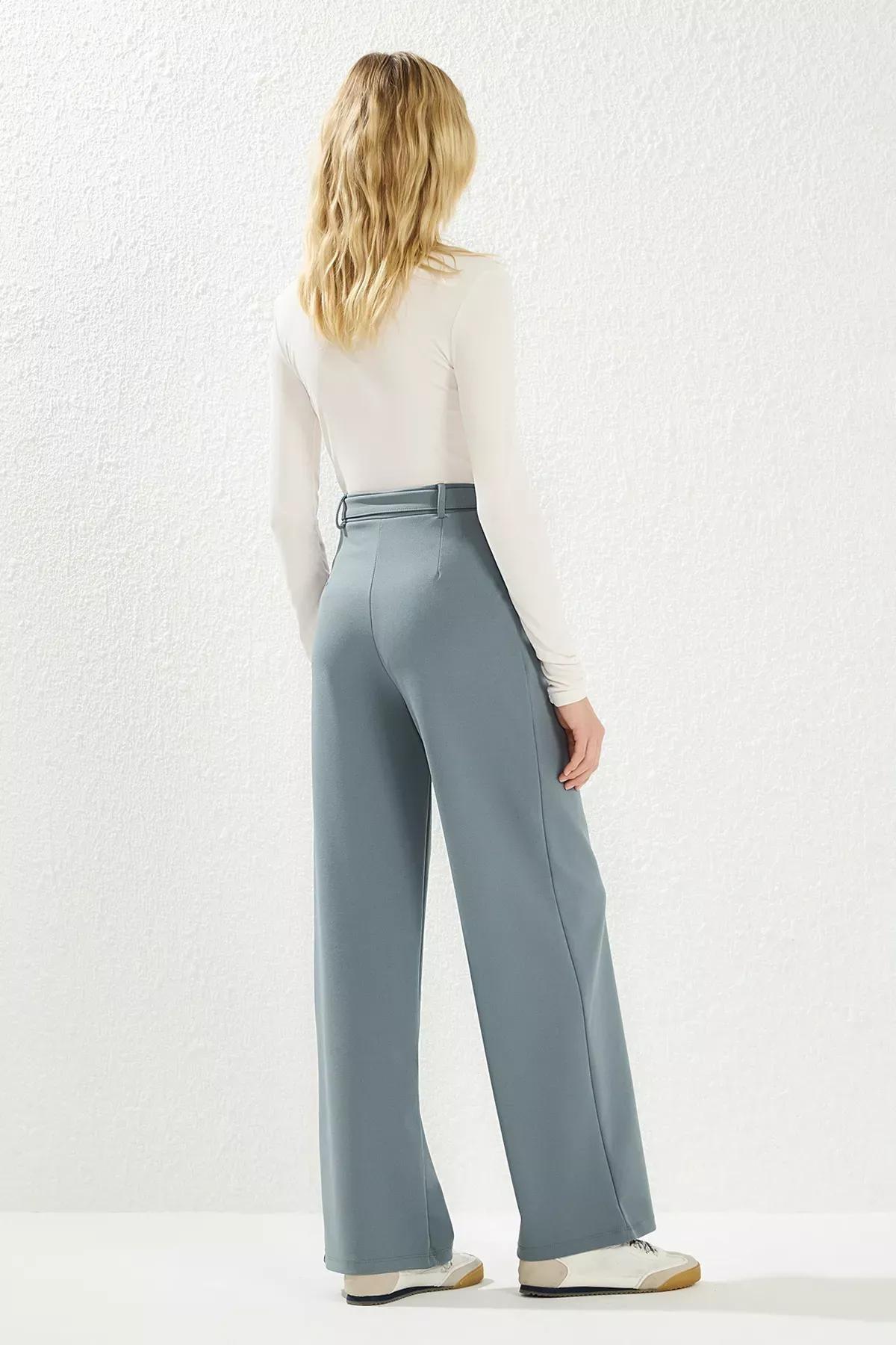 Grey Belted Wide leg High-Waist Trousers, , large image number 4
